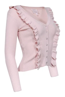 Cinq a Sept - Light Pink V-Neckline Ruffled Trim Ribbed Top Sz S