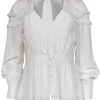 Cinq a Sept - White Silk Keyhole Ruffled Blouse w/ Mesh Sz S