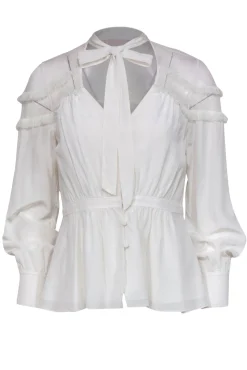 Cinq a Sept - White Silk Keyhole Ruffled Blouse w/ Mesh Sz S
