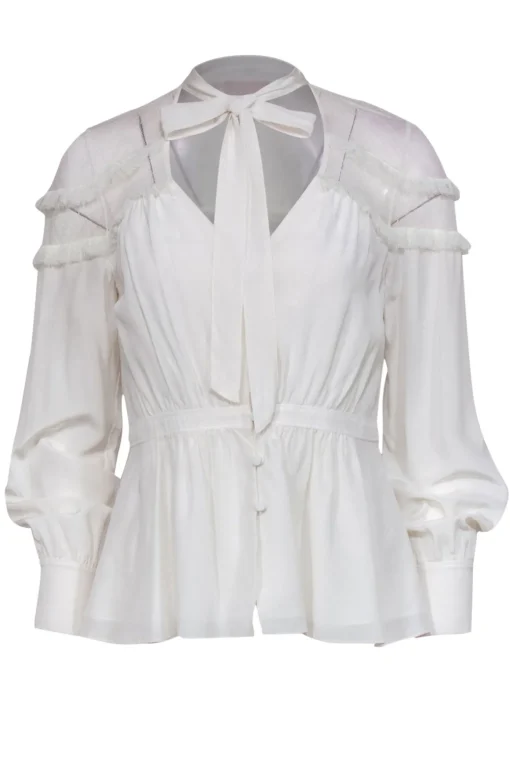 Cinq a Sept - White Silk Keyhole Ruffled Blouse w/ Mesh Sz S
