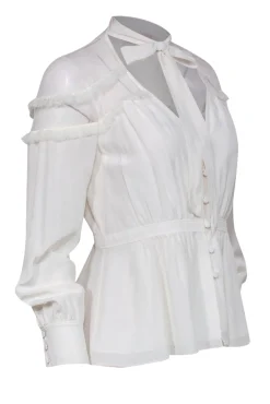 Cinq a Sept - White Silk Keyhole Ruffled Blouse w/ Mesh Sz S
