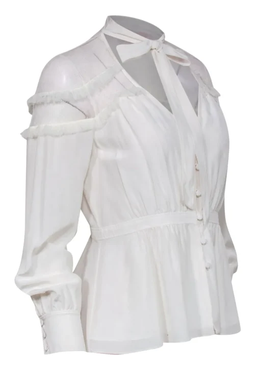 Cinq a Sept - White Silk Keyhole Ruffled Blouse w/ Mesh Sz S