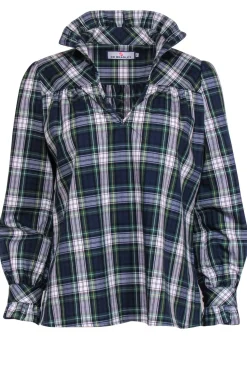 CK Bradley - Green, Blue & White Plaid Long Sleeve Top w/ Ruffle Sz S