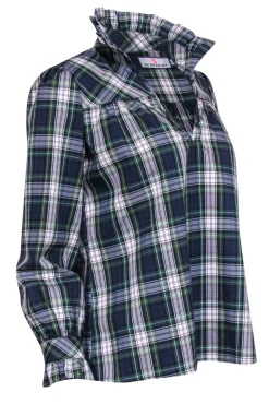CK Bradley - Green, Blue & White Plaid Long Sleeve Top w/ Ruffle Sz S