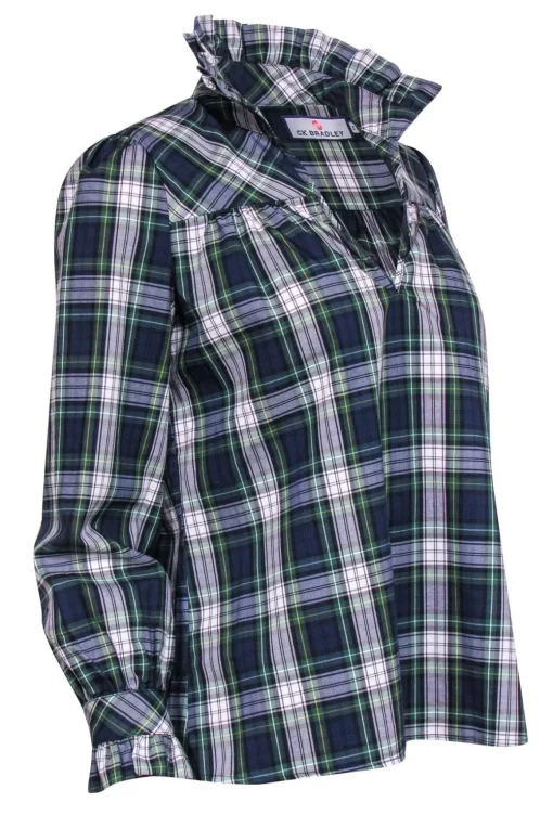 CK Bradley - Green, Blue & White Plaid Long Sleeve Top w/ Ruffle Sz S