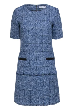 Claudie Pierlot - Blue & White Tweed Shift Dress w/ Fringe Trim Sz 6