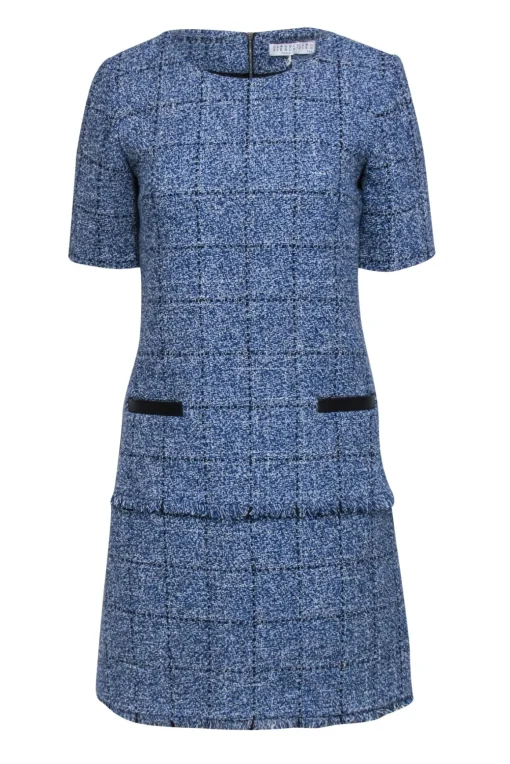 Claudie Pierlot - Blue & White Tweed Shift Dress w/ Fringe Trim Sz 6