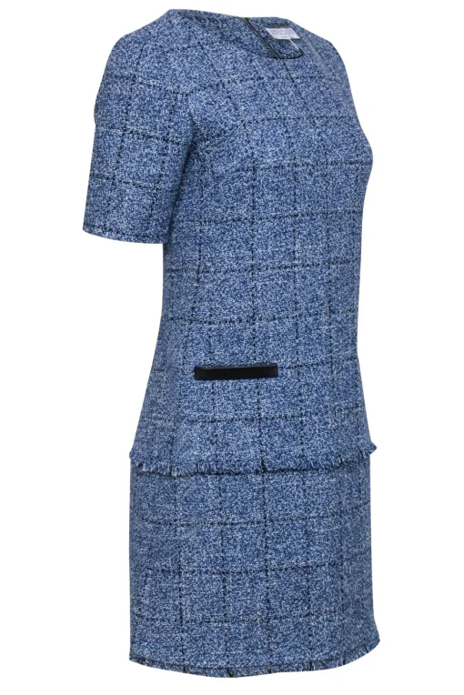 Claudie Pierlot - Blue & White Tweed Shift Dress w/ Fringe Trim Sz 6