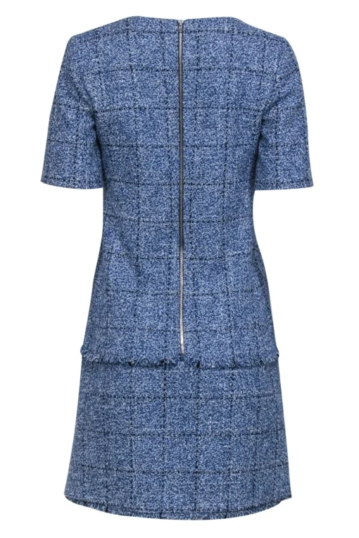 Claudie Pierlot - Blue & White Tweed Shift Dress w/ Fringe Trim Sz 6