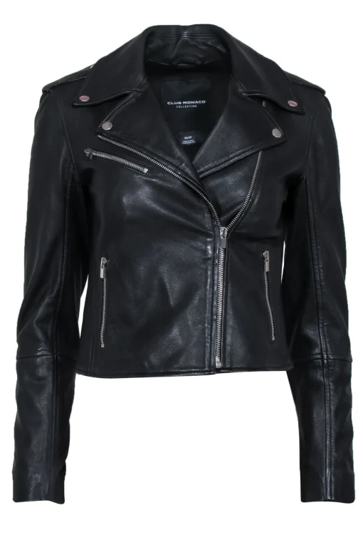 Club Monaco - Black Smooth Leather Zip-Up Moto Jacket Sz XS