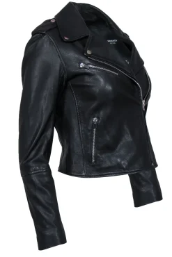 Club Monaco - Black Smooth Leather Zip-Up Moto Jacket Sz XS