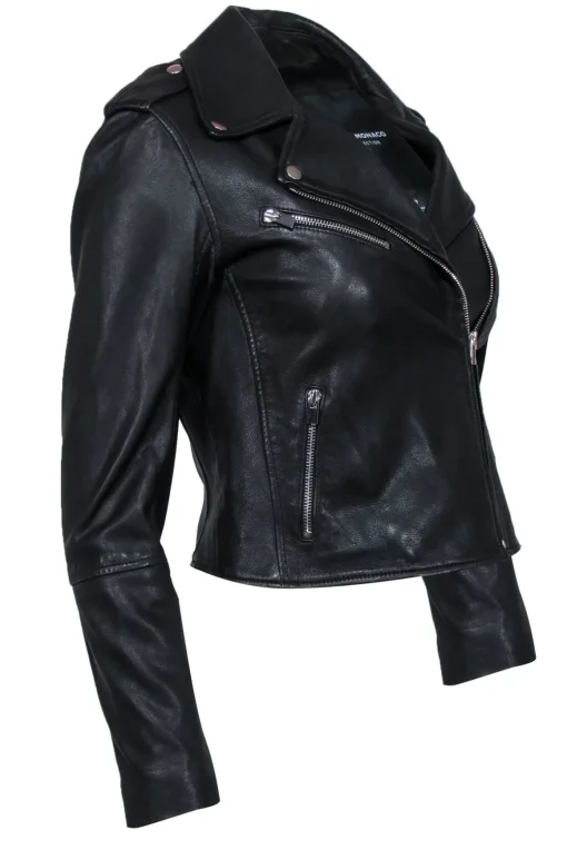 Club Monaco - Black Smooth Leather Zip-Up Moto Jacket Sz XS