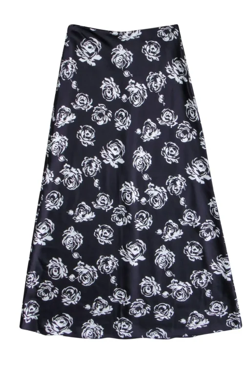 Club Monaco - Satin Eggplant Maxi Skirt w/ White Rose Print Sz 0
