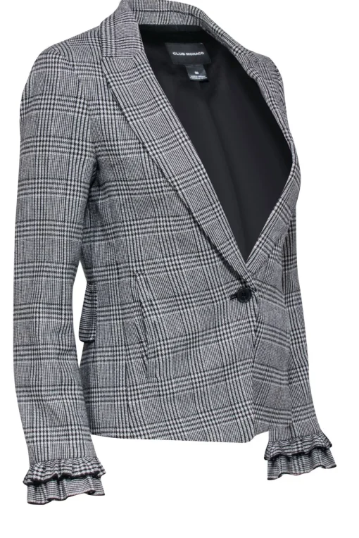 Club Monaco - White & Black Plaid Ruffled Blazer Sz 00