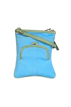 Coach - Aqua Blue & Yellow Print Crossbody w/ Green Leather Trim