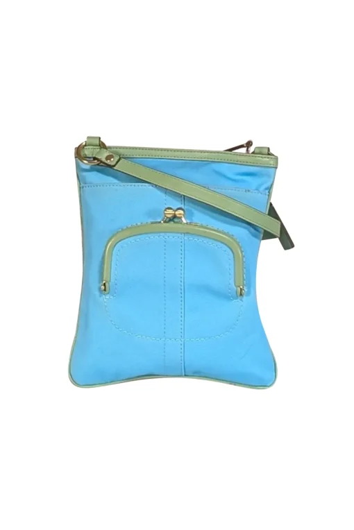 Coach - Aqua Blue & Yellow Print Crossbody w/ Green Leather Trim
