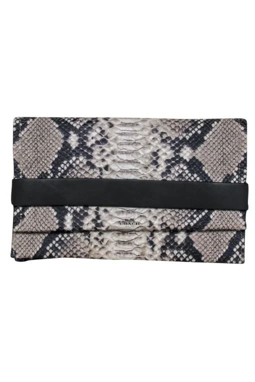 Coach - Black & Tan Snakeskin Foldover Clutch