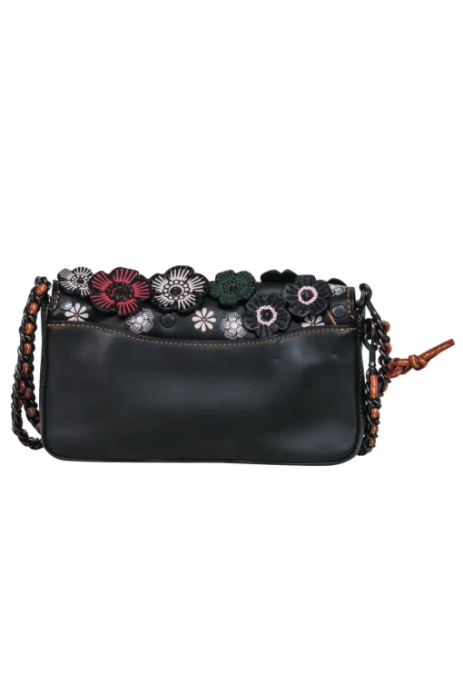Coach - Black Leather Convertible Shoulder Bag w/ Leather Flowers & Beading