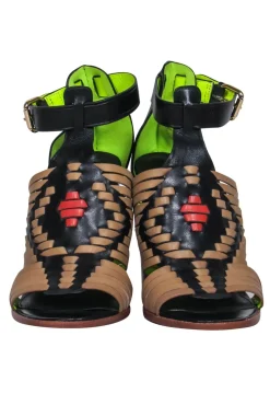 Coach - Brown, Black & Red Woven Leather Open Toe Block Heel Pumps Sz 7.5