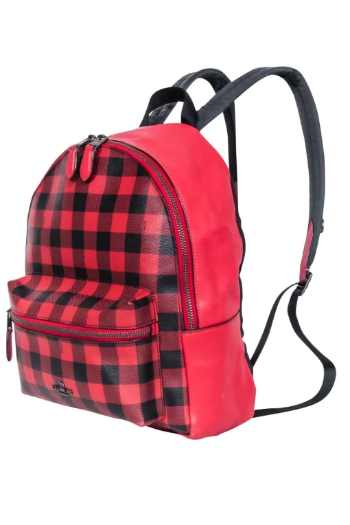 Coach - Red & Black Gingham Print Medium Charlie Backpack