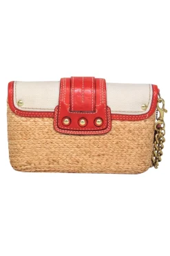 Coach - Tan, Red & Cream Woven Straw & Leather Convertible Wristlet