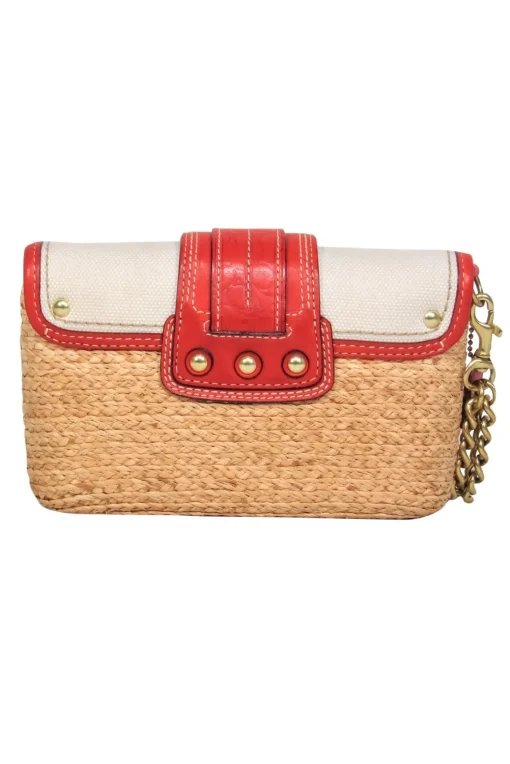 Coach - Tan, Red & Cream Woven Straw & Leather Convertible Wristlet