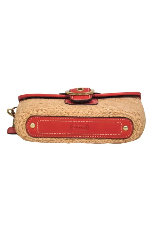 Coach - Tan, Red & Cream Woven Straw & Leather Convertible Wristlet
