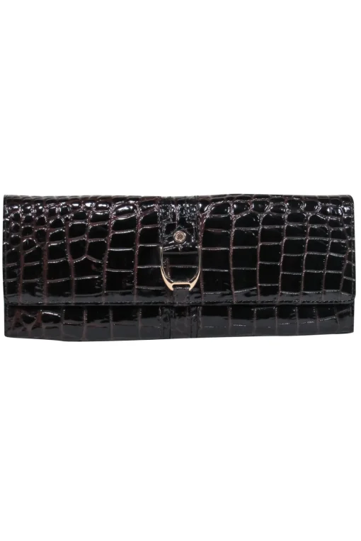 Cole Haan - Brown Patent Leather Crocodile Embossed Clutch