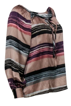 Corey Lynn Calter - Tan & Purple Striped Silk Peasant Top Sz 2