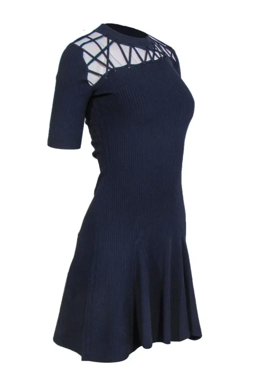 Cushnie et Ochs - Navy Ribbed Flared Dress w/ Crisscross Neckline Sz S