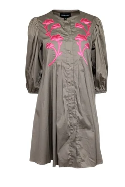Cynthia Rowley - Khaki & Pink Embroidered Detail Dress Sz XS