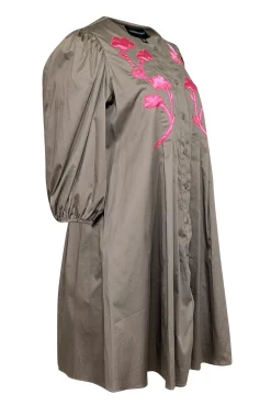 Cynthia Rowley - Khaki & Pink Embroidered Detail Dress Sz XS