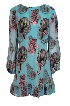 Cynthia Rowley - Turquoise w/ Metallic Fish Pattern Chiffon Mini Dress Sz 10