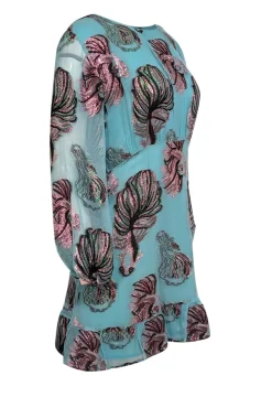 Cynthia Rowley - Turquoise w/ Metallic Fish Pattern Chiffon Mini Dress Sz 10