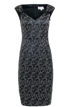 David Meister - Black Sleeveless Dress w/ White Floral Embroidery Sz 4