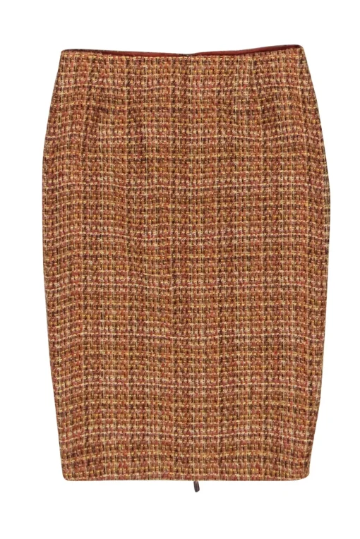 David Meister - Orange, Red, Yellow & Gold Tweed Pencil Skirt Sz 4