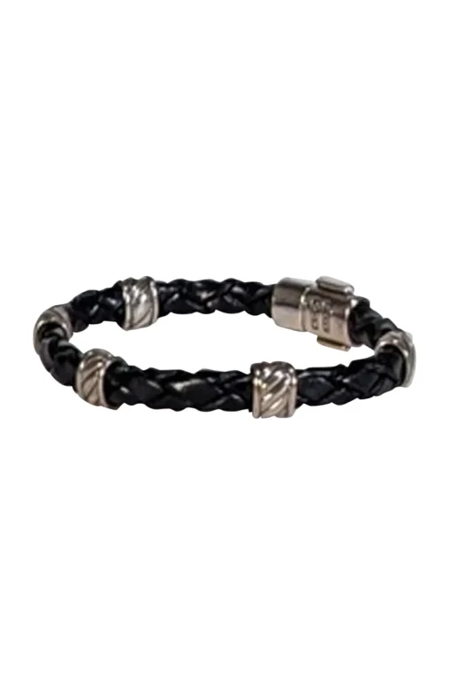 David Yurman - Black Braided Leather Bracelet w/ Sterling Silver Details