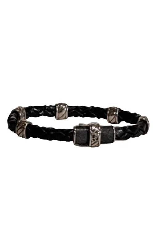 David Yurman - Black Braided Leather Bracelet w/ Sterling Silver Details