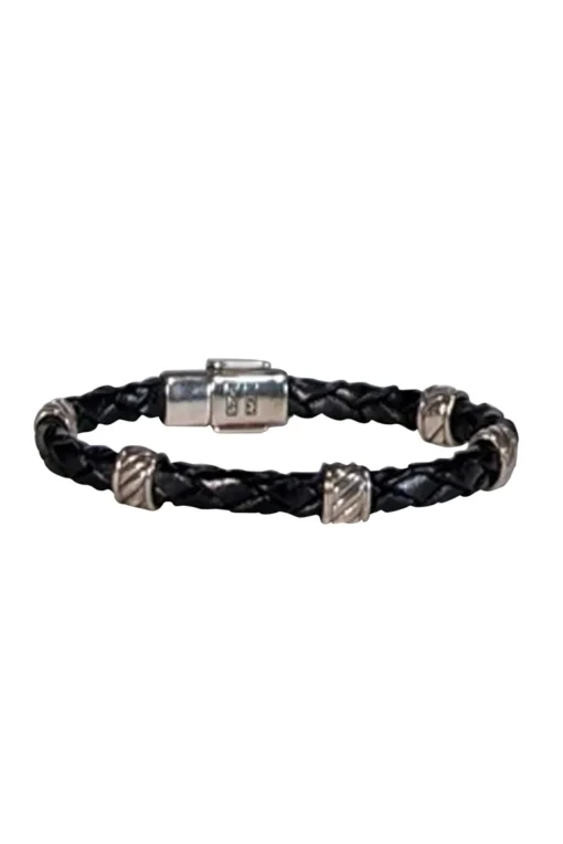 David Yurman - Black Braided Leather Bracelet w/ Sterling Silver Details