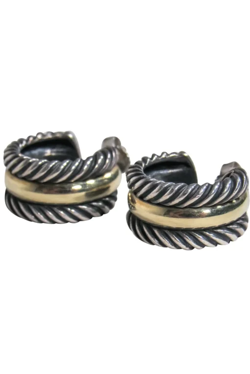 David Yurman - Silver & Gold Etched Small Open Hoop Earrings