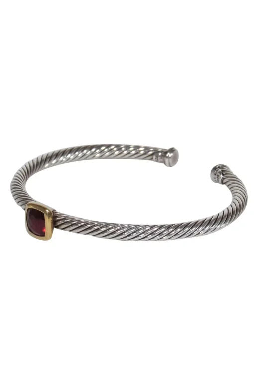 David Yurman - Sterling Silver Twisted Bangle w/ Deep Red Gem