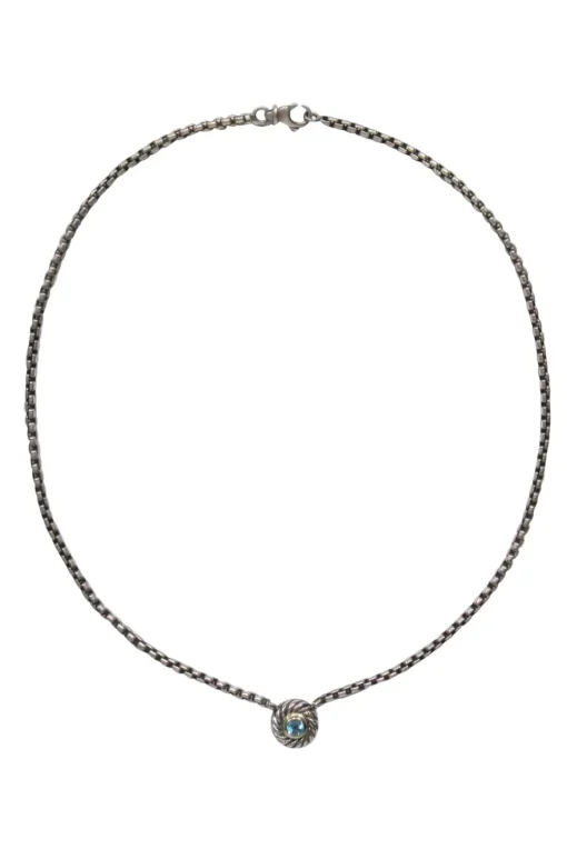 David Yurman - Sterling Silver Chain Link Necklace w/ Twisted Blue Gem Pendant