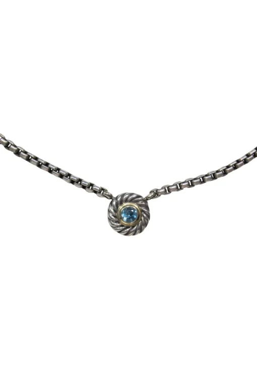 David Yurman - Sterling Silver Chain Link Necklace w/ Twisted Blue Gem Pendant
