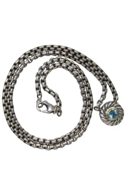 David Yurman - Sterling Silver Chain Link Necklace w/ Twisted Blue Gem Pendant