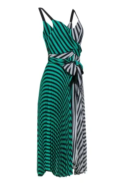 Delfi - Green & White Striped Pleated Maxi Faux Wrap Dress Sz XS