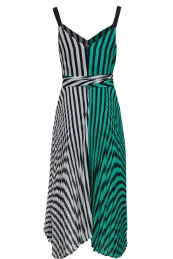 Delfi - Green & White Striped Pleated Maxi Faux Wrap Dress Sz XS