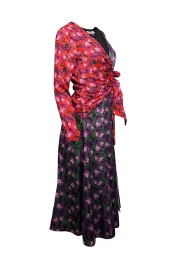Delficollective - Green, Purple, Orange, & Pink Floral Print Wrap Bodice Dress Sz XS