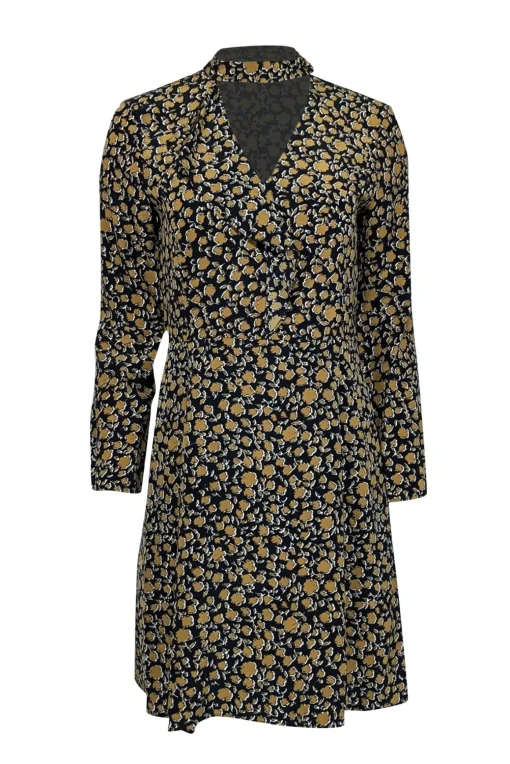 Derek Lam - Black & Tan Print Silk Ruffle Front Long Sleeve Dress Sz 4