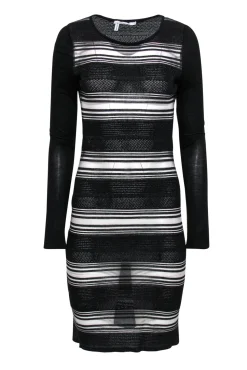 Derek Lam 10 Crosby - Black Sheer Mesh Striped Long Sleeve Dress Sz S