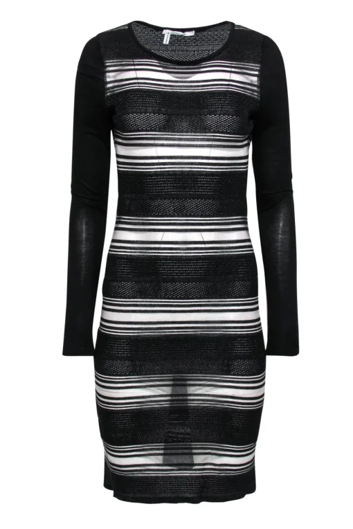 Derek Lam 10 Crosby - Black Sheer Mesh Striped Long Sleeve Dress Sz S